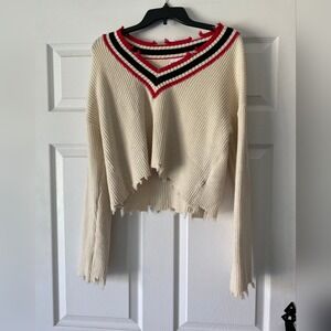 Stylish Cream Sweater with Red and Black‎ Accents
